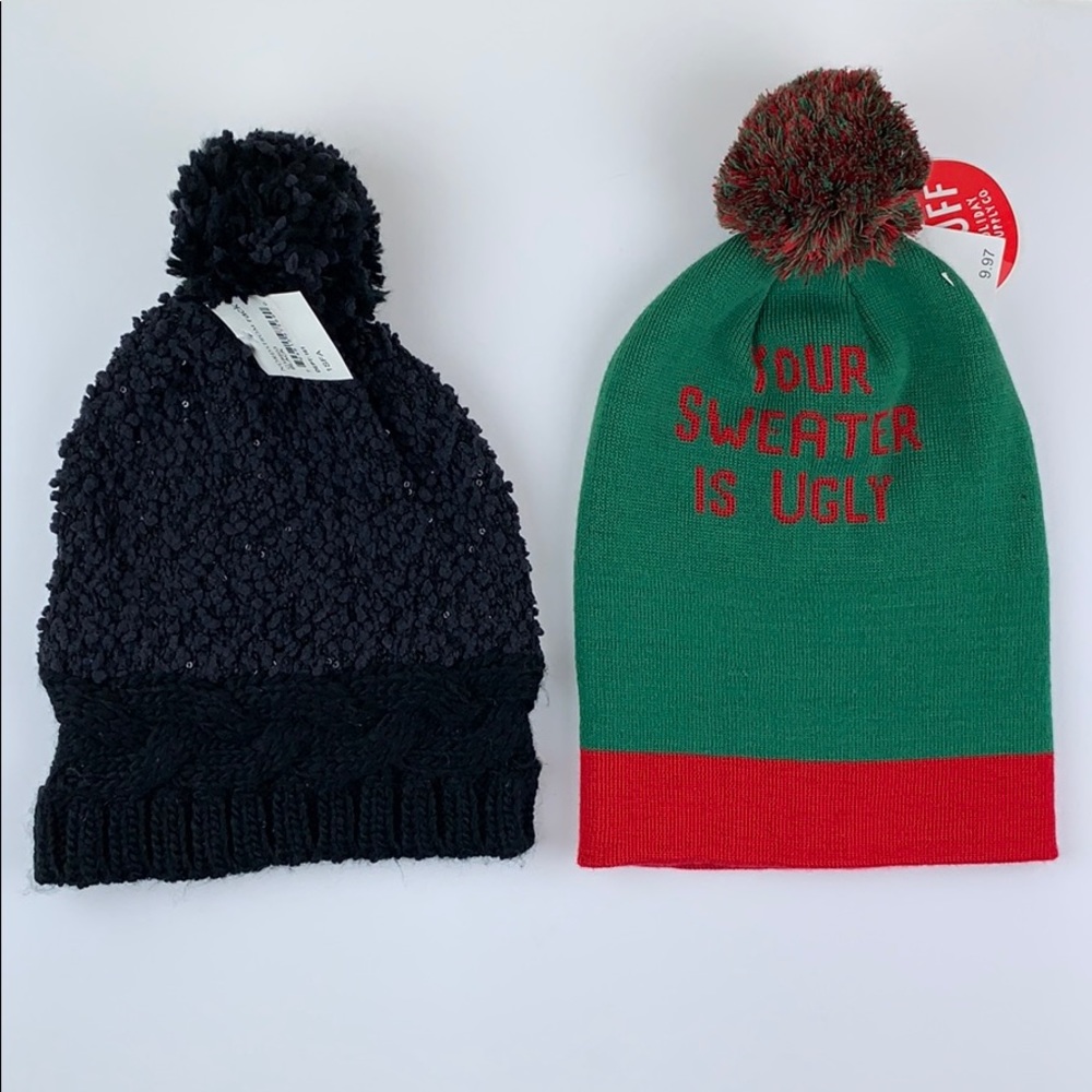Two Beanies One Black and One Green